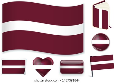 Latvia. Latvian national flag in wave, book, circle, pin, button, heart and sticker shapes.