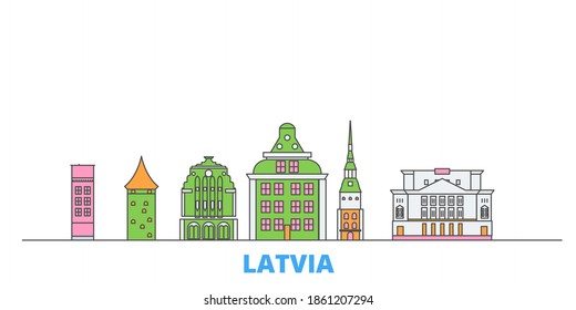 El paisaje urbano de Letonia, vector plano. Punto de referencia de la ciudad de viajes, ilustración de esquema, iconos del mundo de línea