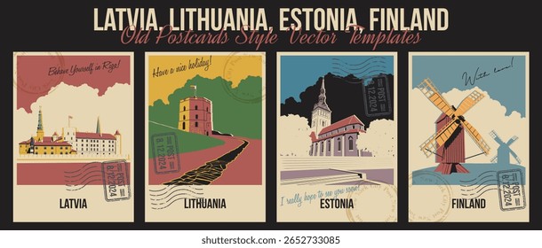 Letônia, Lituânia, Estônia, Finlândia Principais Atrações Turísticas Postais, Igreja de Olaf, Moinhos da Ilha de Aland, Castelo de Riga, Gediminas Tower Illustrations. Cartões de Mensagens de Estilo Retrô