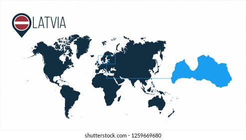 Latvia location on the world map for infographics. All world countries without names. Latvia round flag in the map pin or marker. vector illustration on stripped background.