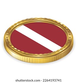 Latvia (LV) National Flag Round Icon 2.5D Isometric Projection View Gold Coin Isolated on White Background