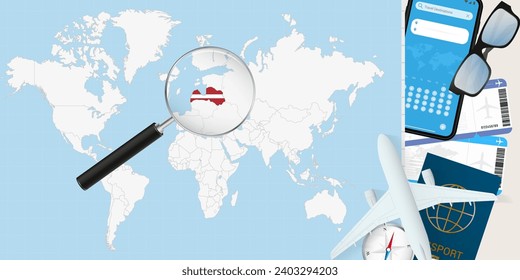 Latvia is magnified over a World Map, illustration with airplane, passport, boarding pass, compass and eyeglasses. Vector illustration.