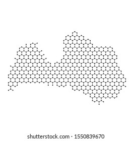Latvia map from abstract futuristic hexagonal shapes, lines, points black, form of honeycomb or molecular structure. Vector illustration.