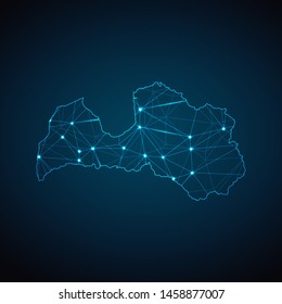 Latvia Map - Abstract geometric mesh polygonal network line, structure and point scales on dark background with lights in the form of cities. Vector illustration eps 10.