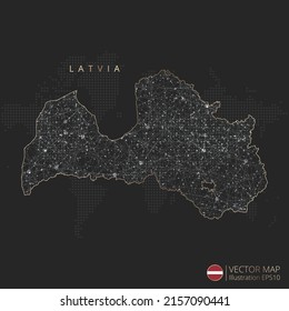 Letonia mapea el concepto abstracto de malla geométrica de luz poligonal con líneas de contorno de color blanco y negro países y puntos sobre fondo oscuro. Ilustración vectorial.