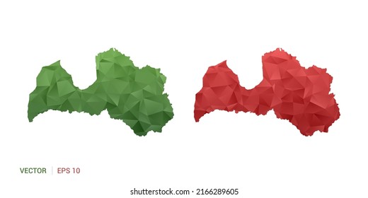 Latvia map of abstract vector polygon set couple color green and red.