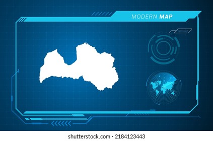 Mapa de Letonia del marco digital azul HUD, GUI, interfaz de interfaz de usuario vector de radar.