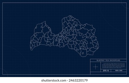 Latvia Map with Blueprint Tech Style Background.