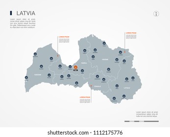 Latvia map with borders, cities, capital Riga and administrative divisions. Infographic vector map. Editable layers clearly labeled.