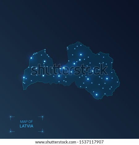 Latvia map with cities. Luminous dots - neon lights on dark background. Vector illustration. 