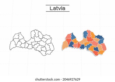 Latvia map city vector divided by colorful outline simplicity style. Have 2 versions, black thin line version and colorful version. Both map were on the white background.
