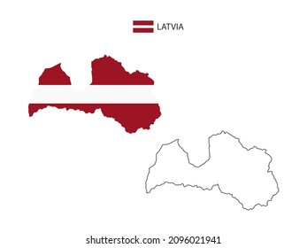 Latvia map city vector divided by outline simplicity style. Have 2 versions, black thin line version and color of country flag version. Both map were on the white background.
