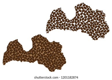 Latvia -  map of coffee bean, Republic of Latvia map made of coffee beans,