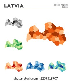 Colección de mapas de Letonia. Fronteras de Letonia para tu infografía. Regiones de países de colores. Ilustración vectorial.