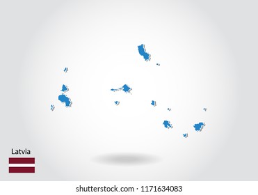 Latvia map design with 3D style. Blue Latvia map and National flag. Simple vector map with contour, shape, outline, on white.