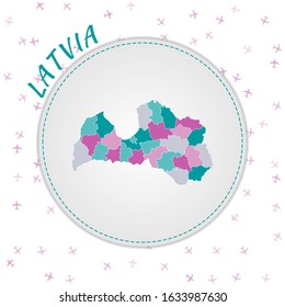 Latvia map design. Map of the country with regions in emerald-amethyst color palette. Rounded travel to Latvia poster with country name and airplanes background. Modern vector illustration.
