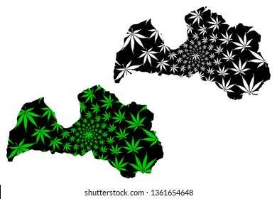Latvia - map is designed cannabis leaf green and black, Republic of Latvia map made of marijuana (marihuana,THC) foliage,