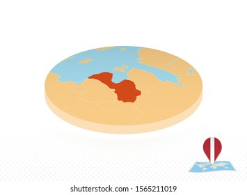 Latvia map designed in isometric style, orange circle map of Latvia for web, infographic and more.