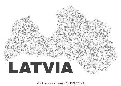 Latvia map designed with tiny points. Vector abstraction in black color is isolated on a white background. Scattered small points are organized into Latvia map.