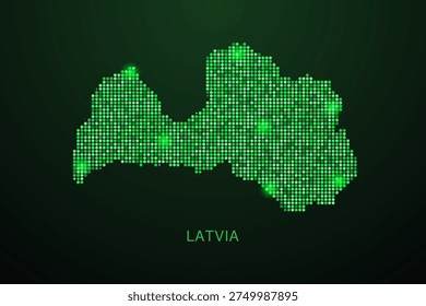 Latvia Map - Digital dotted map with glowing green points on dark background, modern technology style, abstract data network design, clean minimal geometric vector illustration.