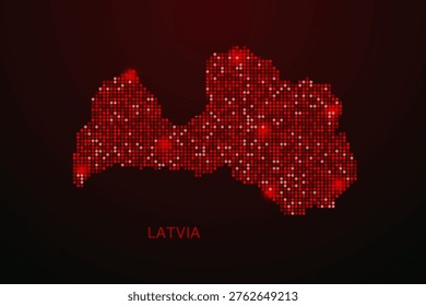 Latvia Map - Digital dotted map with glowing red points on dark background, modern technology style, abstract data network design, clean minimal vector illustration.