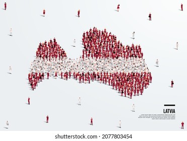 Latvia Map and Flag. A large group of people in the Latvia flag color form to create the map. Vector Illustration.