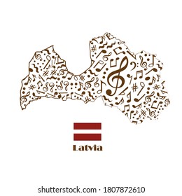 Bandera de mapa de Letonia hecha de notas musicales. 