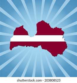 Latvia map flag on blue sunburst vector illustration