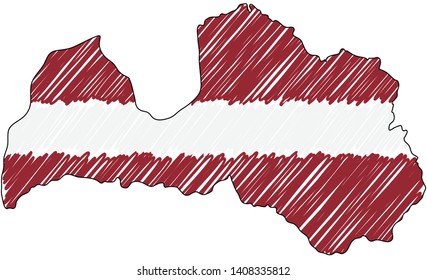 Latvia map hand drawn sketch. Vector concept illustration flag, childrens drawing, scribble map. Country map for infographic, brochures and presentations isolated on white background. Vector