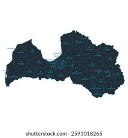 Latvia map high detailed with administrative divide by state, capital cities names, outline simplicity style. Vector illustration EPS10.