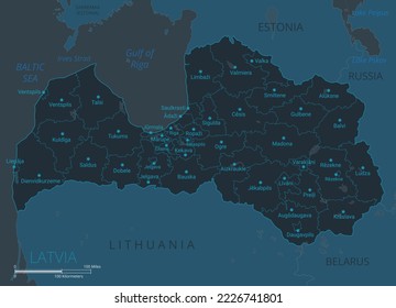 Latvia map. High detailed map of Latvia with countries, borders, cities, water objects. Vector illustration eps10.
