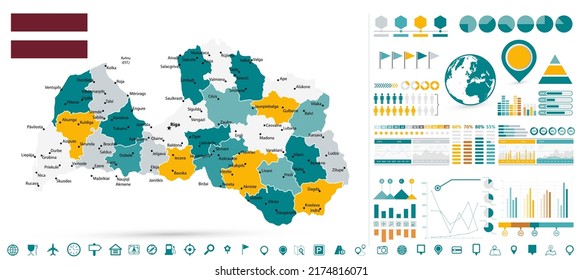 Latvia Map and Infographic design elements. Business template in flat style for presentation, booklet, website and other creative projects. 