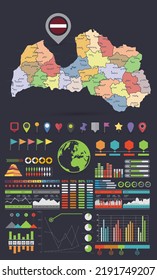 Latvia Map Infographic Template design. Dark color set. Business template in flat style for presentation, booklet, website and other creative projects. 