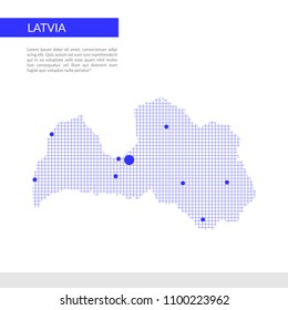 Latvia map infographics background, blue grid and dots.