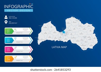 Latvia map with location pointer marks. High detailed country map with division, cities and capital infographic template. Vector illustration EPS10