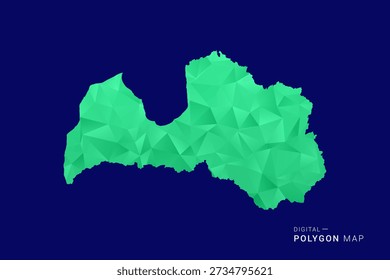 Latvia Map - low poly polygon vector, geometric triangulated silhouette in green and blue tones, clean modern style, isolated background for infographic use.