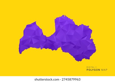 Latvia Map - Low poly polygon map in vibrant purple gradient on bold yellow background, modern minimal geometric style, clean digital vector illustration.