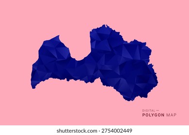 Latvia Map - Low poly polygon map in deep blue gradient on soft pink pastel background, modern minimal geometric design, clean digital vector illustration.