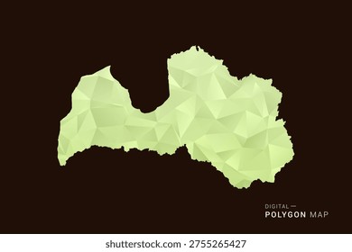 Latvia Map - Low poly polygon map in soft light green gradient on dark brown background, modern minimal geometric style, clean abstract vector illustration design.