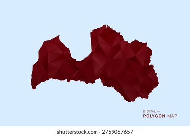 Latvia Map - Low poly polygon map in deep red gradient on light blue background, modern minimal geometric design, vector illustration with faceted triangulated style.