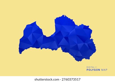 Latvia Map - Low poly polygon map in deep blue gradient on soft beige background, modern minimal geometric design, clean abstract vector illustration with faceted triangulated style.