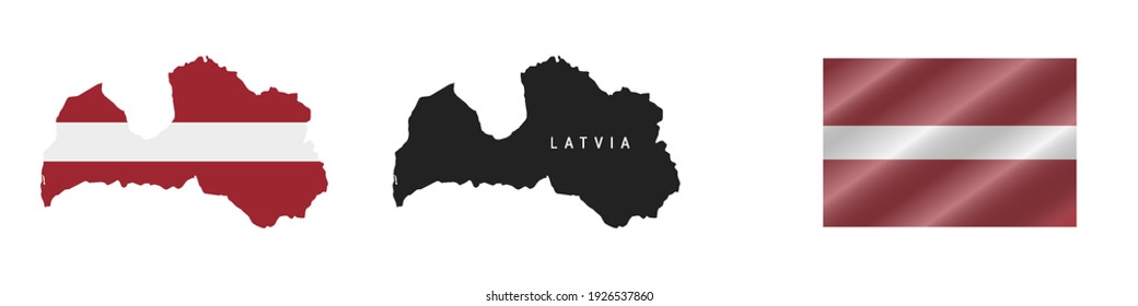 Latvia. Map with masked flag. Detailed silhouette. Waving flag. Vector illustration isolated on white.