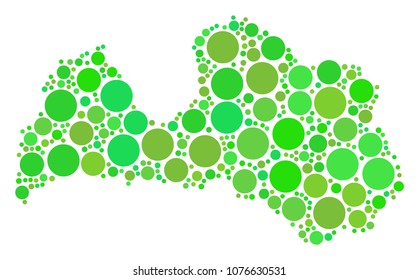Latvia Map mosaic of randomized circle elements in various sizes and green color hues. Vector spheric items are united into latvia map composition. Organic geographic map vector illustration.
