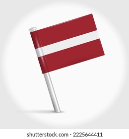 Latvia map pin flag icon. Latvian pennant map marker on a metal needle. 3D realistic vector illustration.