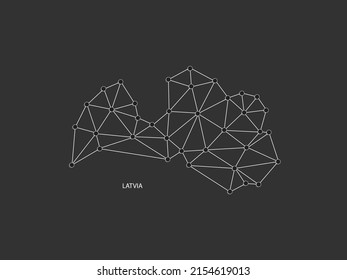 Latvia Map Point scales on black background. Wire frame polygonal network white line, dot and shadow dot.