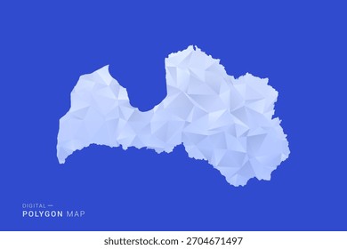 Latvia Map - Polygon Style Vector Illustration in Blue and White Gradient, Low Poly Geometric Design, Isolated on Solid Background for Infographics and Digital Use.