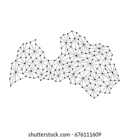 Latvia map of polygonal mosaic lines network, rays and dots vector illustration.