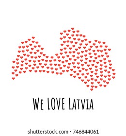Latvia Map with red hearts- symbol of love. abstract background with text We Love Latvia. vector illustration. Print for t-shirt