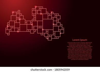 Latvia map from red pattern from a grid of squares of different sizes and glowing space stars. Vector illustration.