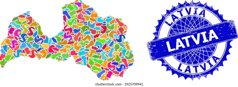 Plantilla de mapa de Letonia. Mapa del collage de la ranura y sello de grunge para Letonia. Sello azul rosetón nítido con etiqueta para el mapa de Letonia. El mapa de Letonia del vector de collage se compone de puntos brillantes dispersos.